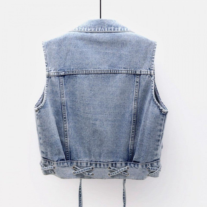 Crop Denim Vest with Large Pockets & Adjustable waist