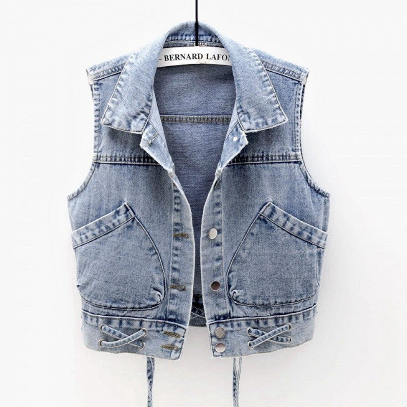 Crop Denim Vest with Large Pockets & Adjustable waist