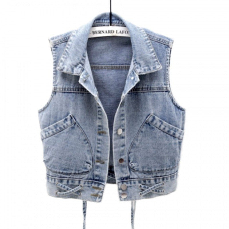 Crop Denim Vest with Large Pockets & Adjustable waist